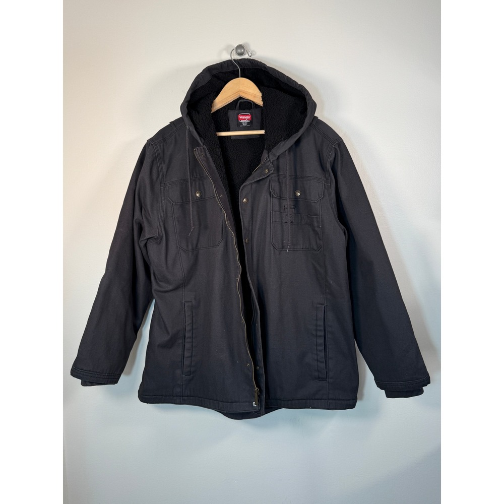 Wrangler Sherpa Lined Hooded Chore Jacket Men 2XL Workwear Duty Black Canvas EUC